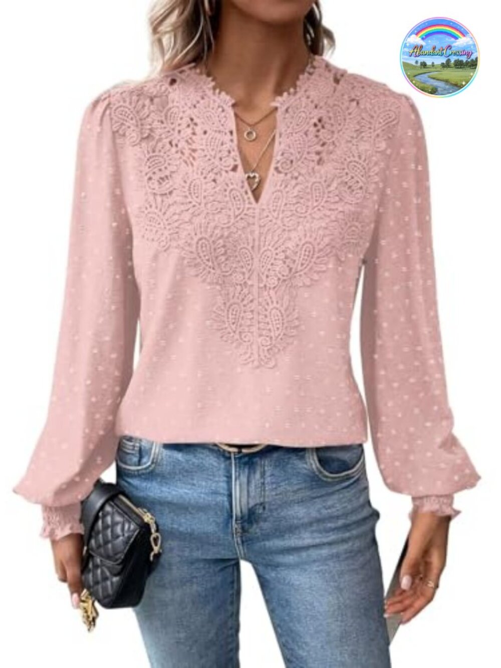 Falechay Womens Long Sleeve Boho Lace Floral V Neck Blouse Peasant Top